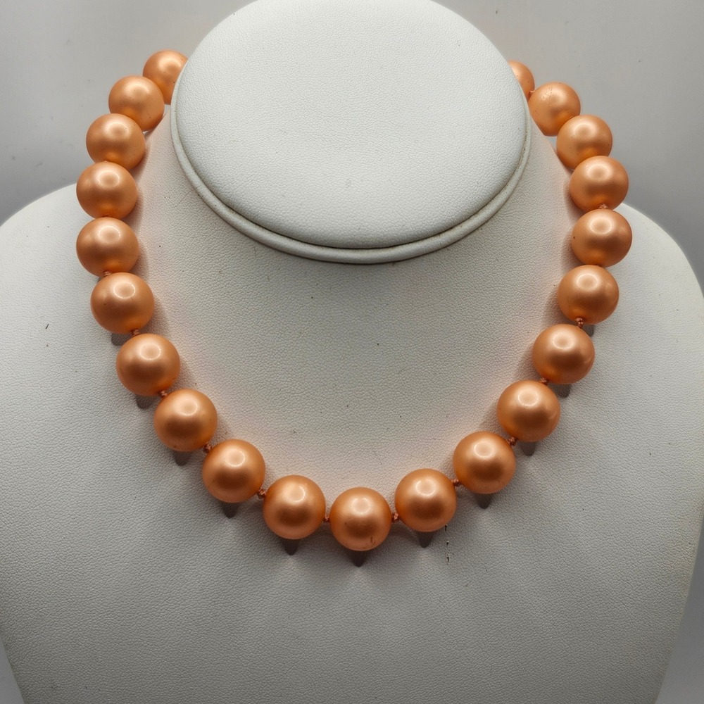 Vintage Peach Faux Pearl Choker‎ Necklace Knotted Bead Strand Gold Tone Clasp